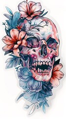A drawing of a skull with flowers on it