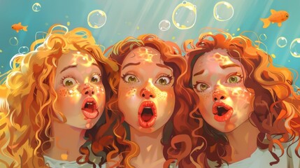 A painting of three girls with red hair blowing bubbles