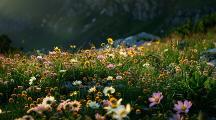 A field of wildflowers with mountains in the background