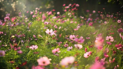 A field full of pink and white flowers