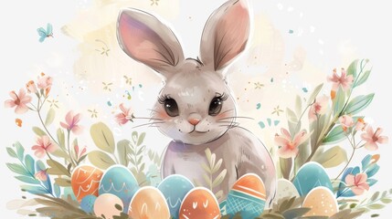 A rabbit sitting in the middle of a bunch of decorated eggs