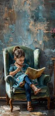 A painting of a little girl reading a book