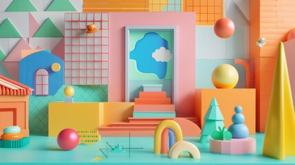 Geometric shapes and vibrant hues in a 3D representation of a cute school scene  AI generated illustration