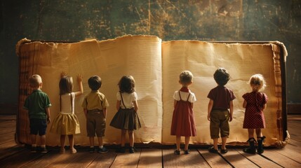 A group of children standing in front of an open book