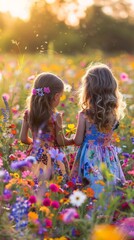 Two little girls standing in a field of flowers