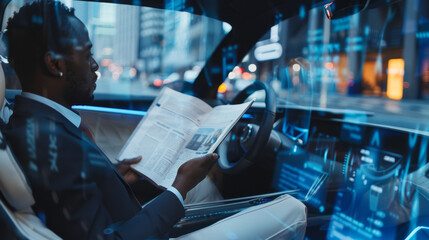 A well-dressed man reads the newspaper inside an autonomous vehicle with city lights reflecting on the car's interior. Businessman Reading Newspaper in Autonomous Car