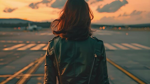 A young woman in a leather jacket looking at the sunset at an airport. The concept of travel and freedom.