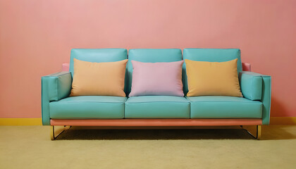 a living room in the style of the 70s,80s,60s with pastel colors