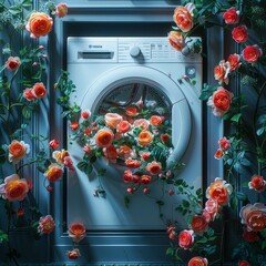 Modern Washing Machine Overflowing with Roses