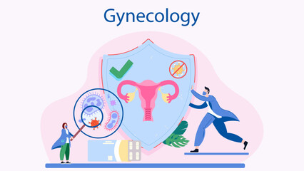  Woman doctor making uterus examination. Abstract concept of gynaecology and female health. Female doctor using magnifier to check uterus. Treatment of HPV and herpes virus. Human papillomavirus. - obrazy, fototapety, plakaty