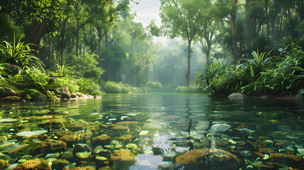 Vibrant River Ecosystem: Harmonious Life along Serene Waters - obrazy, fototapety, plakaty