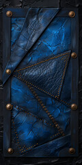 A blue leather item with three triangles on it