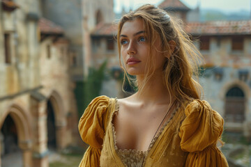 A young woman in medieval attire, standing in a castle courtyard