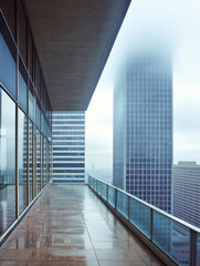 A glass balcony overlooking a city with a cloudy sky. The cityscape is dominated by two tall buildings