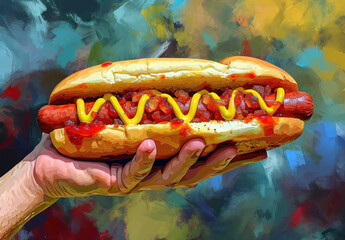 Delicious hot dog with mustard and ketchup on a bun painting on canvas for food lovers