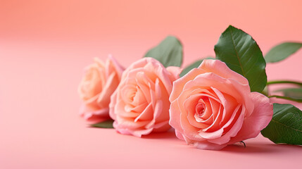 Three pink roses are arranged in a row on a pink background. The roses are the main focus of the image, and they appear to be fresh and vibrant