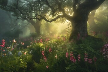 A misty forest glade, where ancient trees stand sentinel amidst a carpet of vibrant ferns and wildflowers