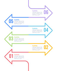 Vertical timeline infographic 6 steps thin line arrow design template. Milestone, Roadmap, Timeline. Vector illustration.