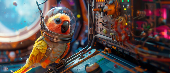 a parrot or perched on a spaceship control panel wearing a tiny space helmet