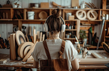 A People is wearing headphones is doing craft work at home She has her back to the camera and you can see an apron on her In front of her there are some tools like big books with wooden edges