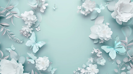 Pastel color background with butterfly, leaves and paper cutout