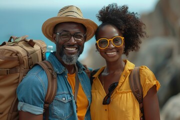 Fototapeta premium A joyful African-descendant couple with backpacks beams outdoors, likely on a hiking or travel adventure