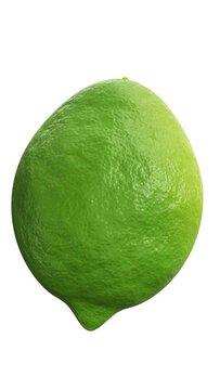 Vertical video. Realistic looping 3D animation of the spinning fresh green organic lemon rendered in UHD with alpha matte.