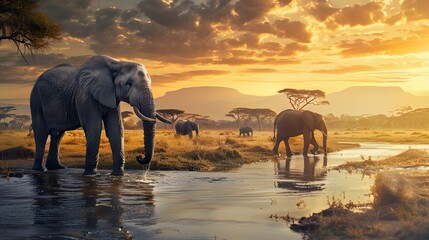 Sunset Gathering of Majestic Elephants in the Wild