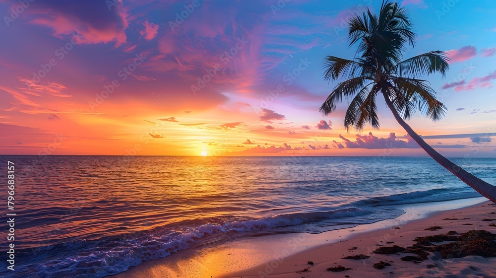 Wall mural stunning tropical sunset scenery on the beach, images of the sunset with a palm tree on the beach.