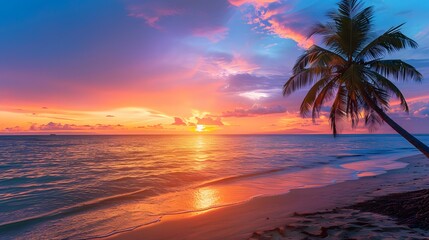Fototapeta na wymiar Stunning tropical sunset scenery on the beach, images of the sunset with a palm tree on the beach.