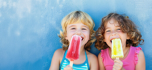 Two Happy Laughing Joyful Children Eating Summer Ice Fruit Pops again a Blue Background with Space for Copy
