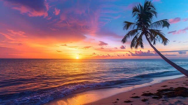 Stunning tropical sunset scenery on the beach, images of the sunset with a palm tree on the beach.