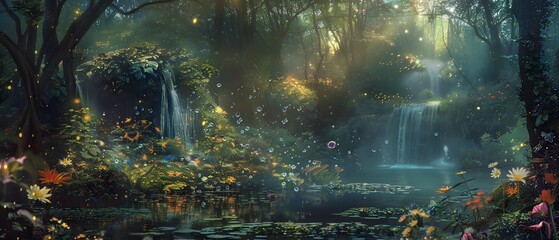 Sunlight filters through a vibrant green forest, where a cascading waterfall tumbles into a rock pool sending up sparkling bubbles