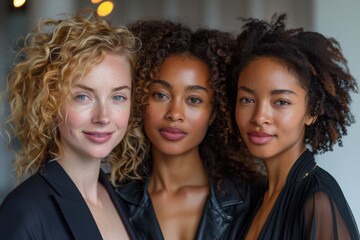 Fototapeta premium Four women with various curly hairstyles posing for a portrait showcasing diversity and beauty
