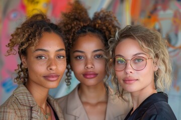 Fototapeta premium Three fashionable women posing in front of vibrant abstract artwork, embodying creativity and style