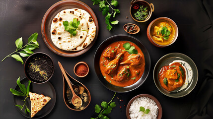 a variety of delicious Indian food dishes served on the table, Top view