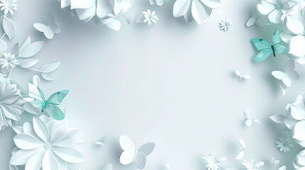 Pastel color background with butterfly, leaves and paper cutout