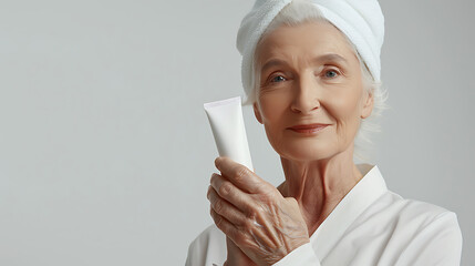 Portrait of senior woman with towel on head applying moisturizing cream