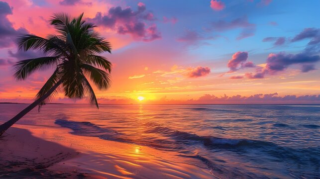 Stunning tropical sunset scenery on the beach, images of the sunset with a palm tree on the beach.