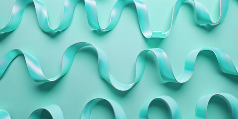Elegant Turquoise Ribbons Arranged on a Light Green Background in 3D Rendering, Flat Lay Style