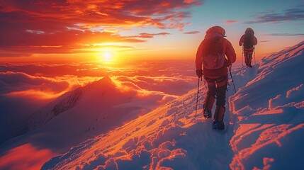 Alpinist helps his teammate climb the summit. wide view of the sunset.