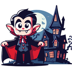 illustration of a funny Dracula character standing in front of a spooky haunted house
