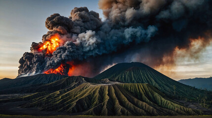 ancient volcano eruption with giant ash cloud and burst of molten lava, volcano eruption with massive high bursts of lava and hot clouds soaring high into the sky, pyroclastic flow