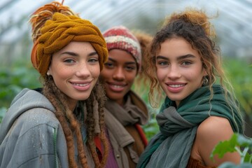 Naklejka premium Three diverse women with stylish headwear posing among plants in a warm greenhouse