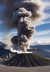 Naklejka premium ancient volcano eruption with giant ash cloud and burst of molten lava, volcano eruption with massive high bursts of lava and hot clouds soaring high into the sky, pyroclastic flow