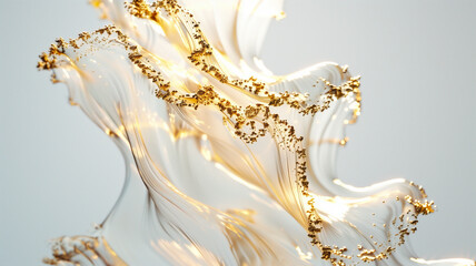 abstract translucent flowing fluid waves white tones frosted glass with gold accent edge on white background in style luxury, minimal, modern.