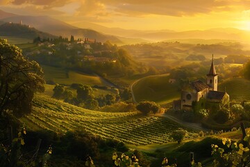 A panoramic vista of rolling vineyards, bathed in the golden hues of sunset, framing a quaint country chapel nestled amidst the verdant landscape. Nature's cathedral, where love is eternal - obrazy, fototapety, plakaty