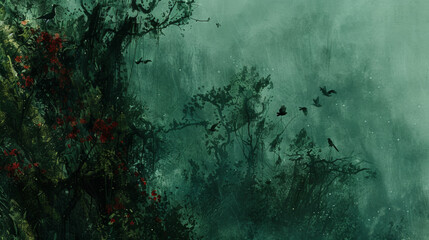 A painting of a forest with birds flying in the sky. The painting has a dark and moody atmosphere, with the trees and birds creating a sense of mystery and intrigue