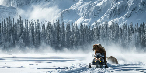 Bear riding snowmobile in front of snowy mountain landscape in winter adventure wilderness scene