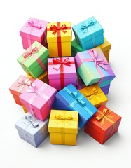 bunch of colorful gift boxes on plain wjite background from Generative AI